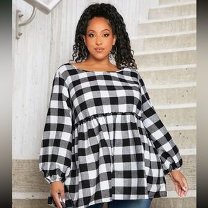 SHEIN FIT + Gingham Print Ruffle Hem Blouse